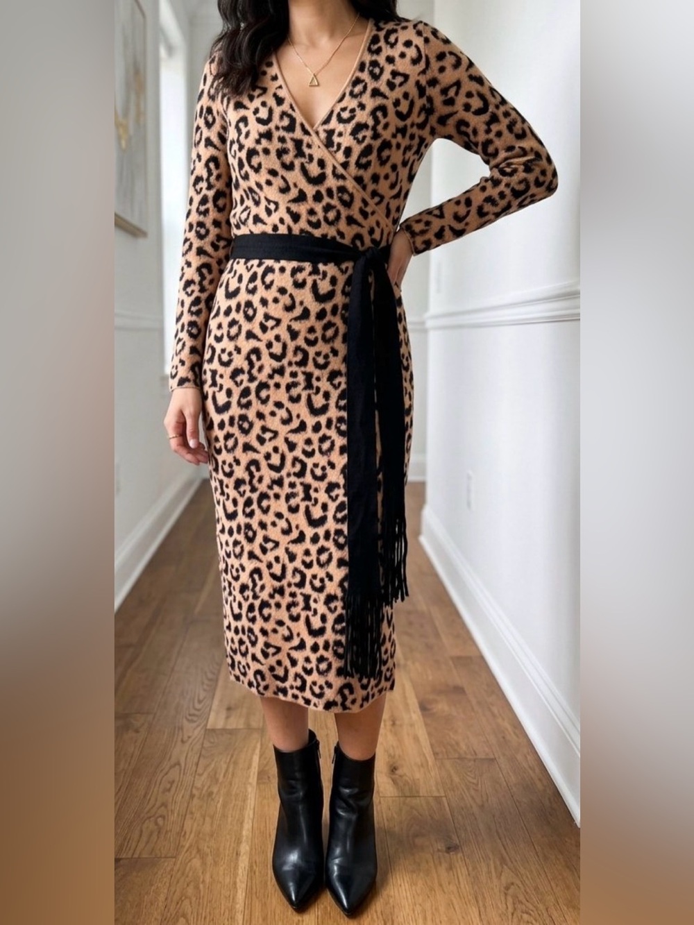 #661 bebe Surplice Faux Wrap Bodice Midi Leopard Print Belted Sweater Dress
